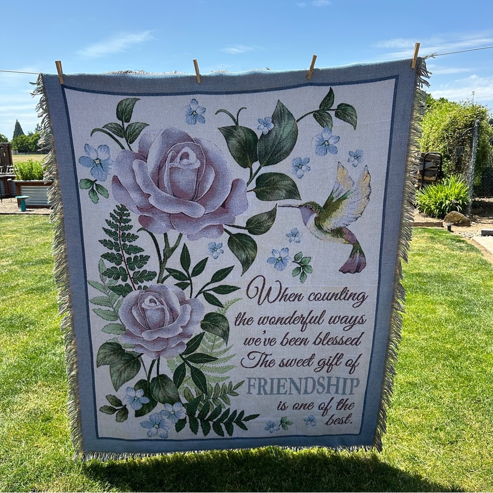 Collections Etc Tapestry Throw Blanket Floral Roses Hummingbird Friendship 62x50